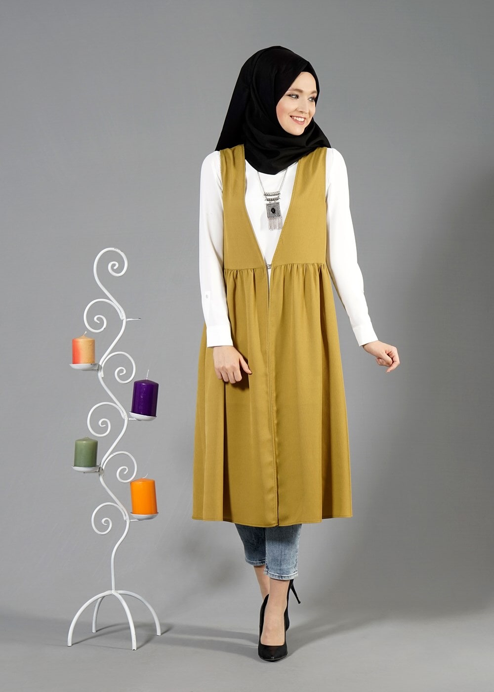 Tesettür giyim TURUNCU T 310 Hewes Line Klipsli Yelek