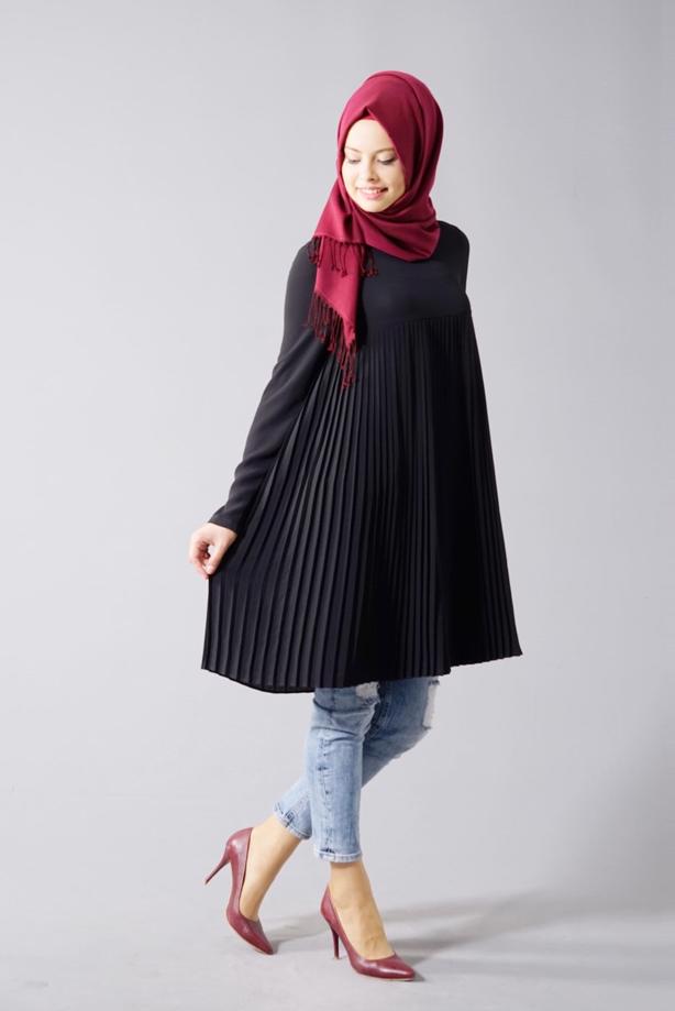 Tesettür giyim  T 804 Hewes Line-Boydan Piliseli Tunik - TRENDTESETTÜR