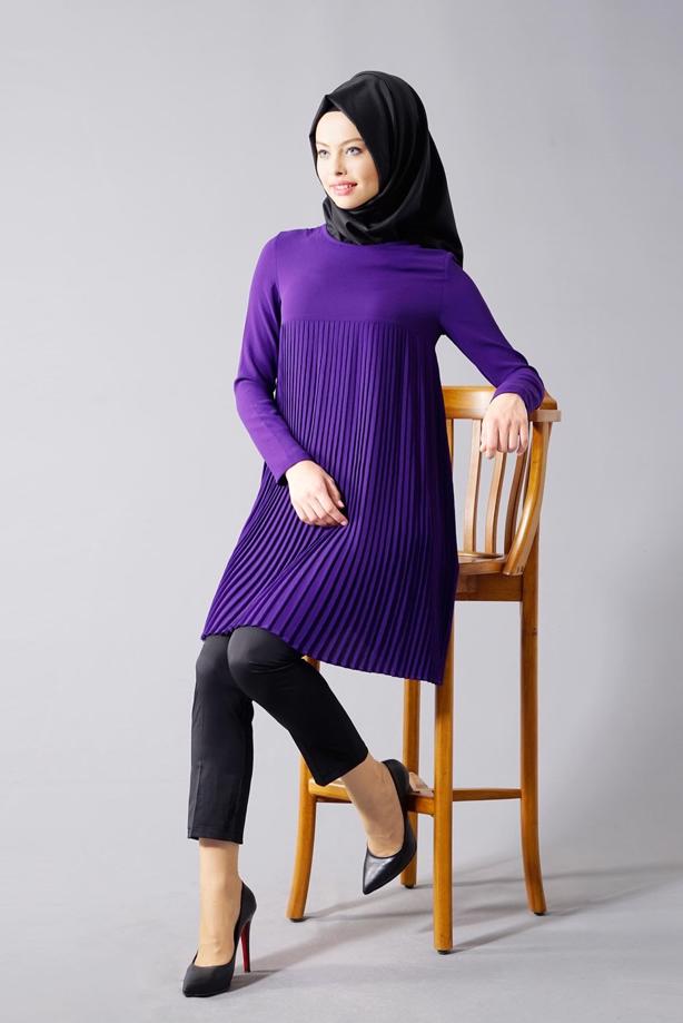 Tesettür giyim  T 804 Hewes Line-Boydan Piliseli Tunik - TRENDTESETTÜR