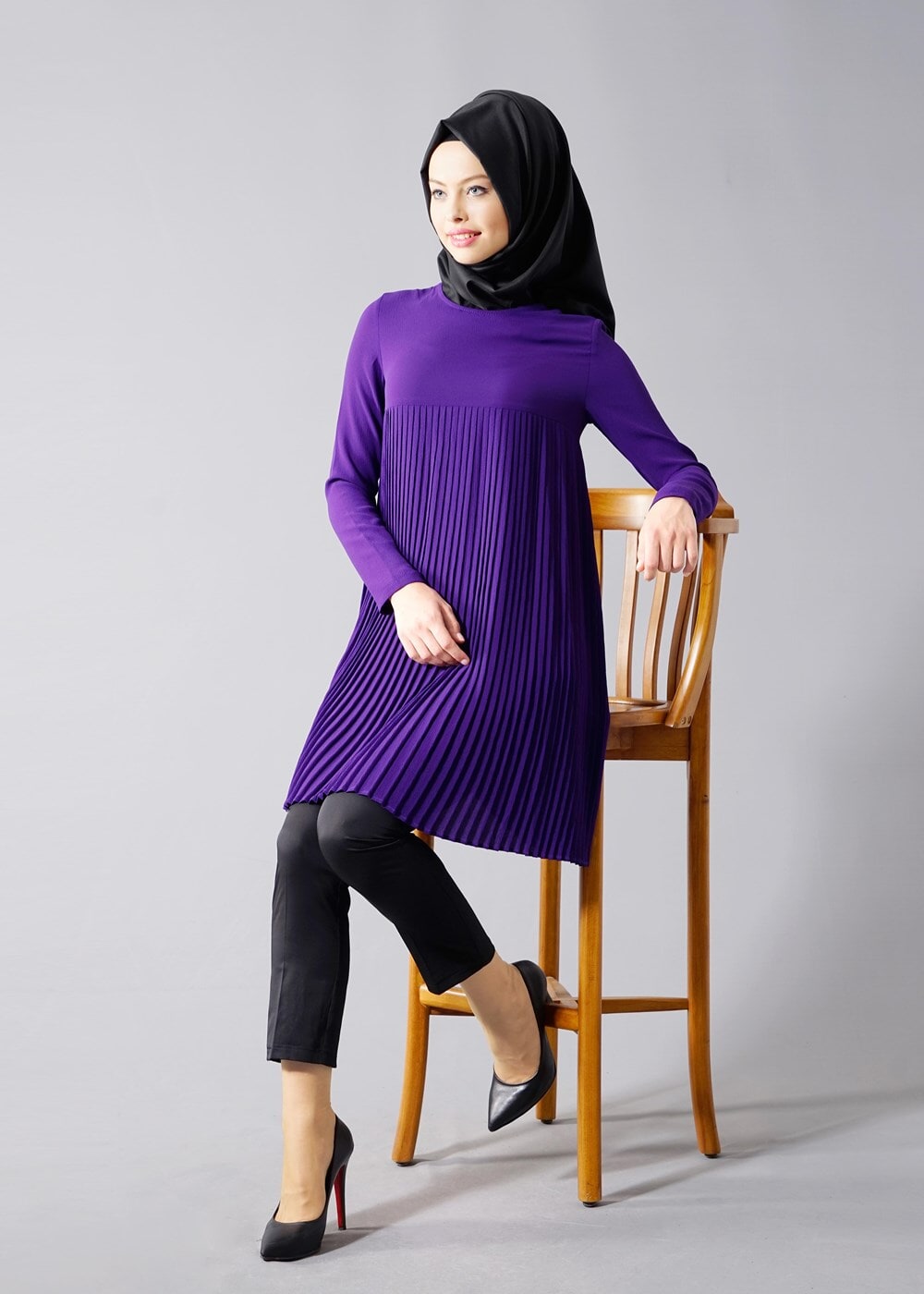 Tesettür giyim MOR T 804 Hewes Line-Boydan Piliseli Tunik