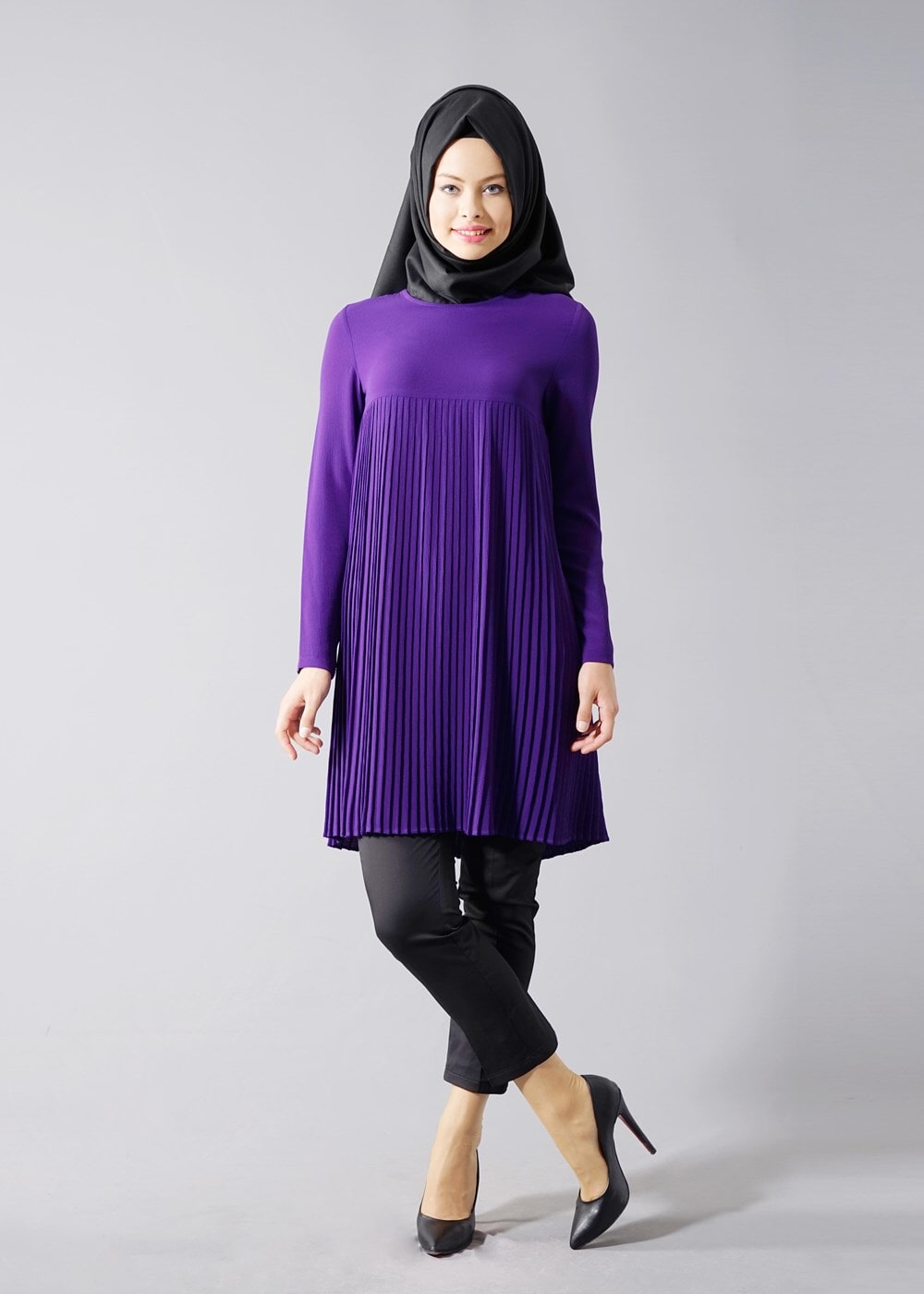 Tesettür giyim MOR T 804 Hewes Line-Boydan Piliseli Tunik