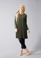 Tesettür giyim HAKİ T 804 Hewes Line-Boydan Piliseli Tunik