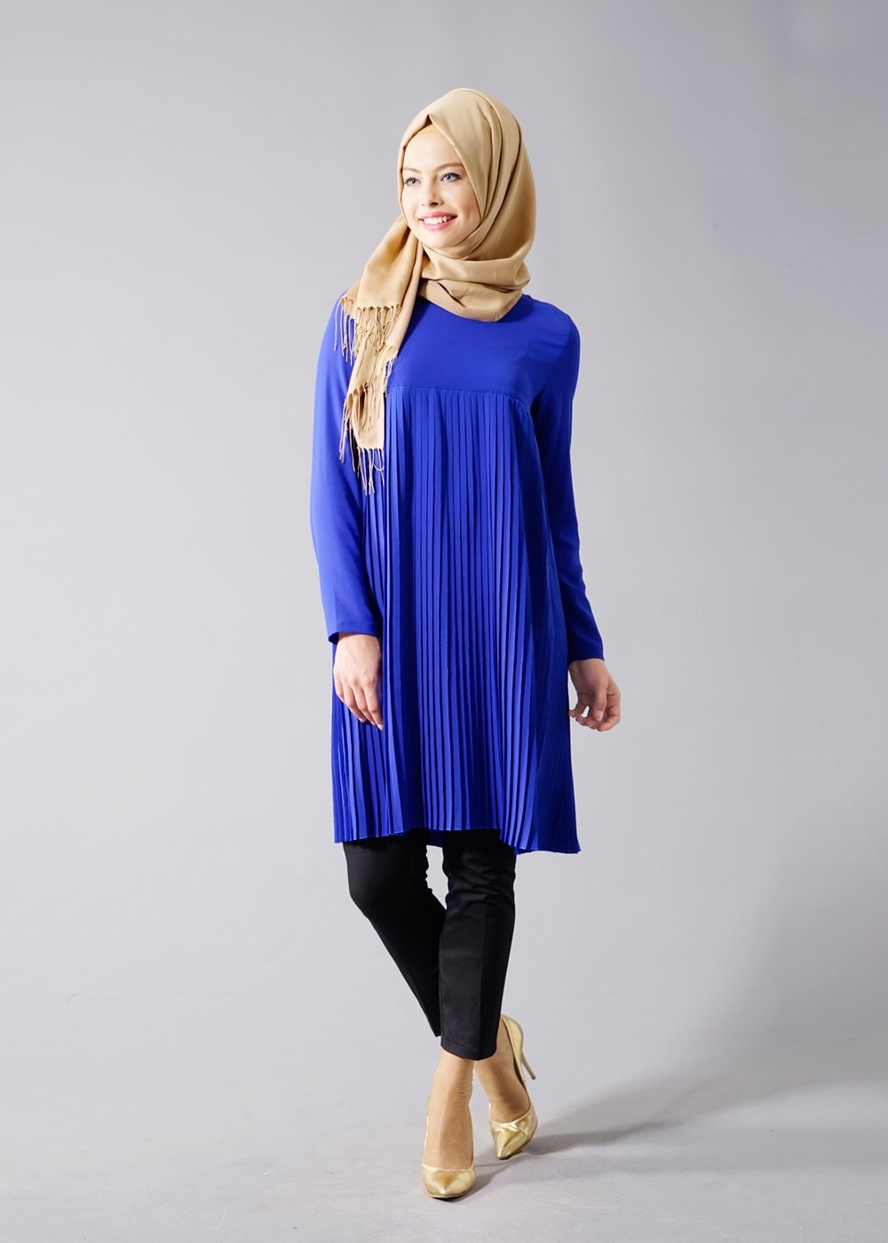 Tesettür giyim LACİVERT T 804 Hewes Line-Boydan Piliseli Tunik