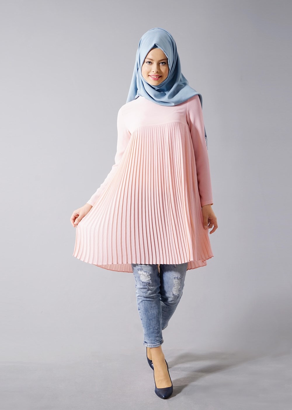 Tesettür giyim PUDRA T 804 Hewes Line-Boydan Piliseli Tunik