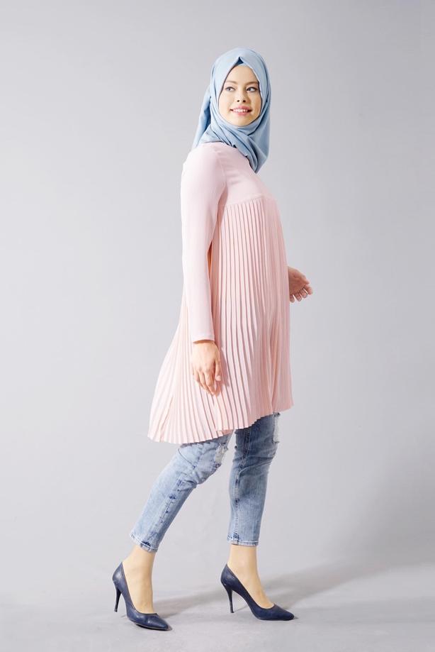 Tesettür giyim  T 804 Hewes Line-Boydan Piliseli Tunik - TRENDTESETTÜR