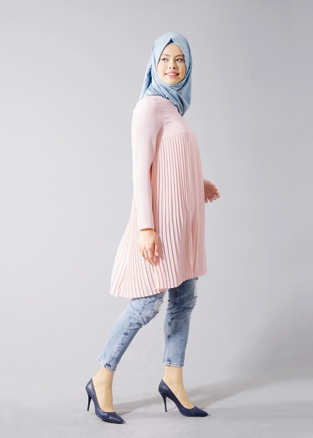 Tesettür giyim PUDRA T 804 Hewes Line-Boydan Piliseli Tunik