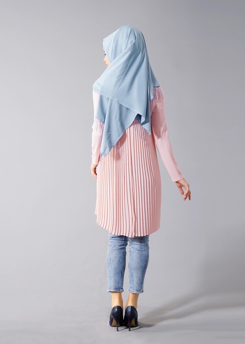 Tesettür giyim PUDRA T 804 Hewes Line-Boydan Piliseli Tunik