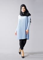 Tesettür giyim MAVİ T 804 Hewes Line-Boydan Piliseli Tunik