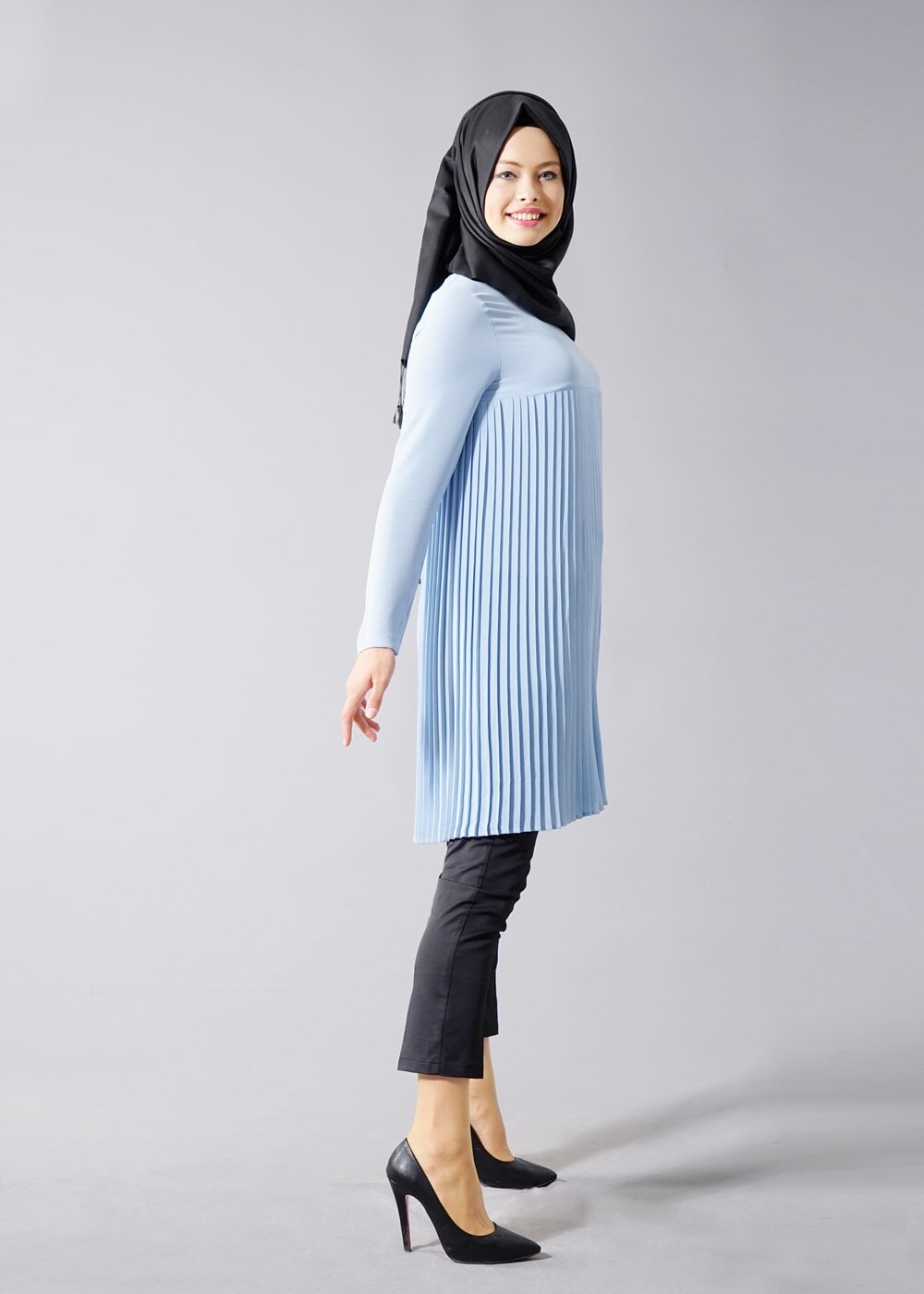 Tesettür giyim MAVİ T 804 Hewes Line-Boydan Piliseli Tunik