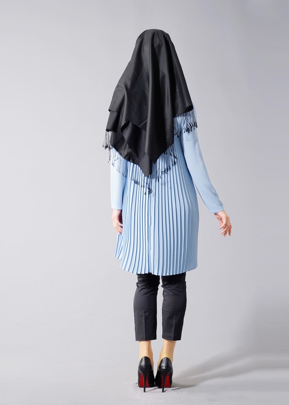 Tesettür giyim MAVİ T 804 Hewes Line-Boydan Piliseli Tunik