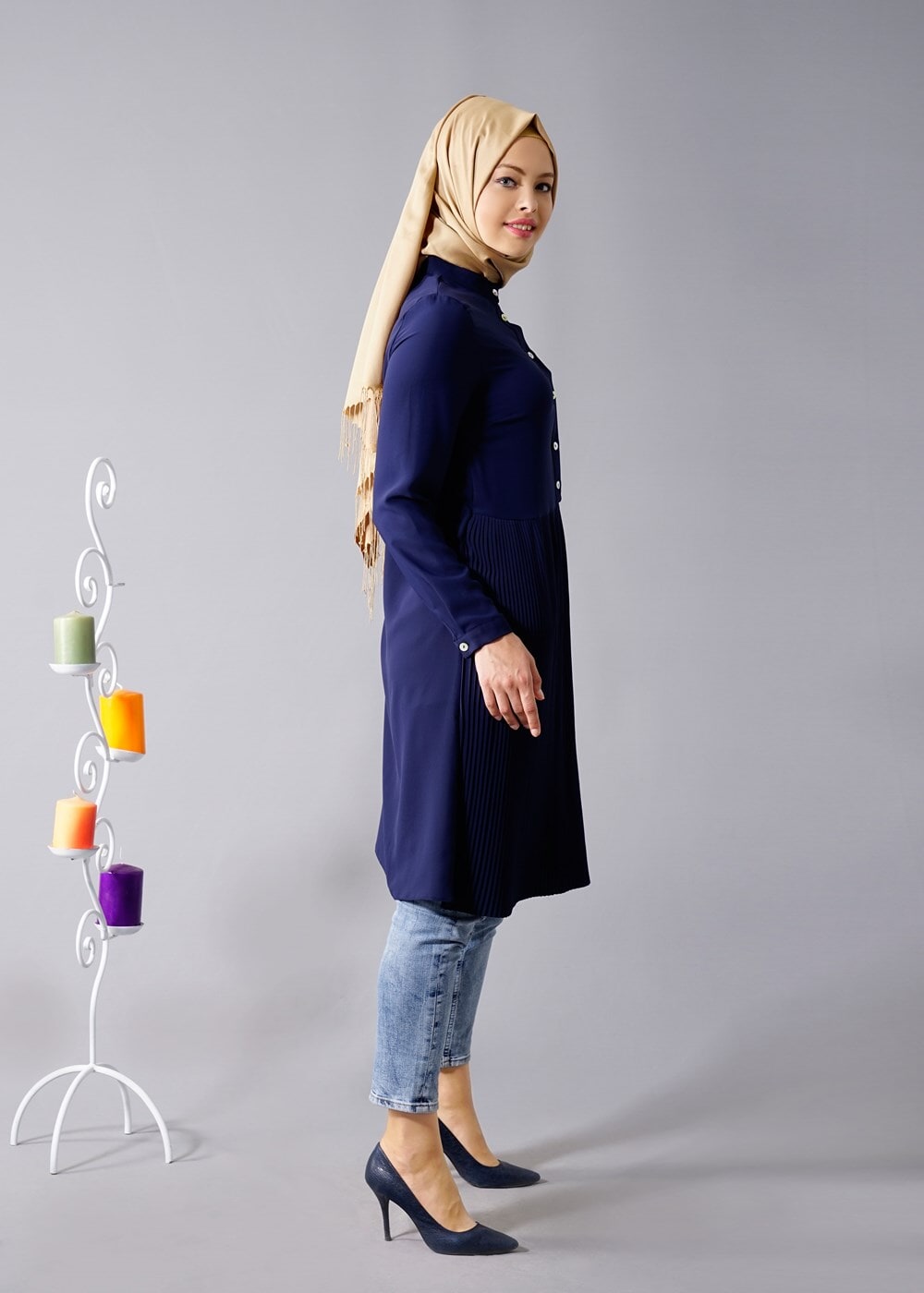 Tesettür giyim LACİVERT T 815 Hewes Line- Piliseli Tesettür Tunik