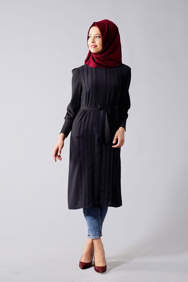 Tesettür giyim  T 817 Hewes Line-Fermuarlı Pileli Tunik - TRENDTESETTÜR