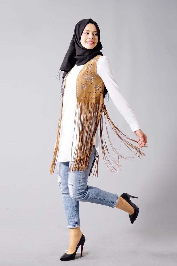 Tesettür giyim  T 9281 Hewes Line- Lazer Kesim  Püsküllü Yelek - TRENDTESETTÜR