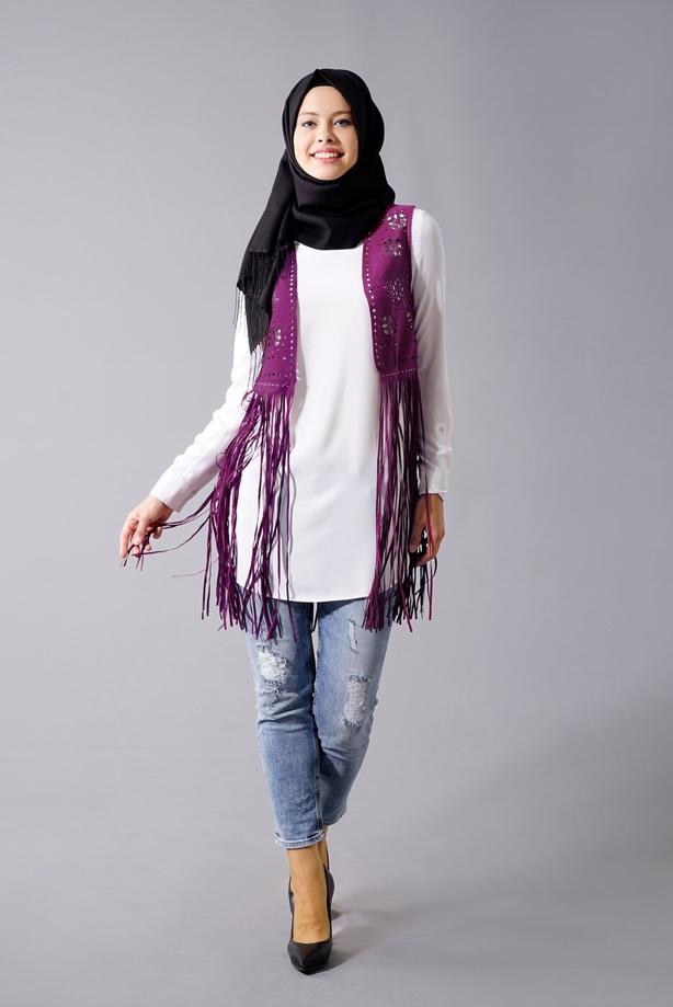 Tesettür giyim  T 9281 Hewes Line- Lazer Kesim  Püsküllü Yelek - TRENDTESETTÜR