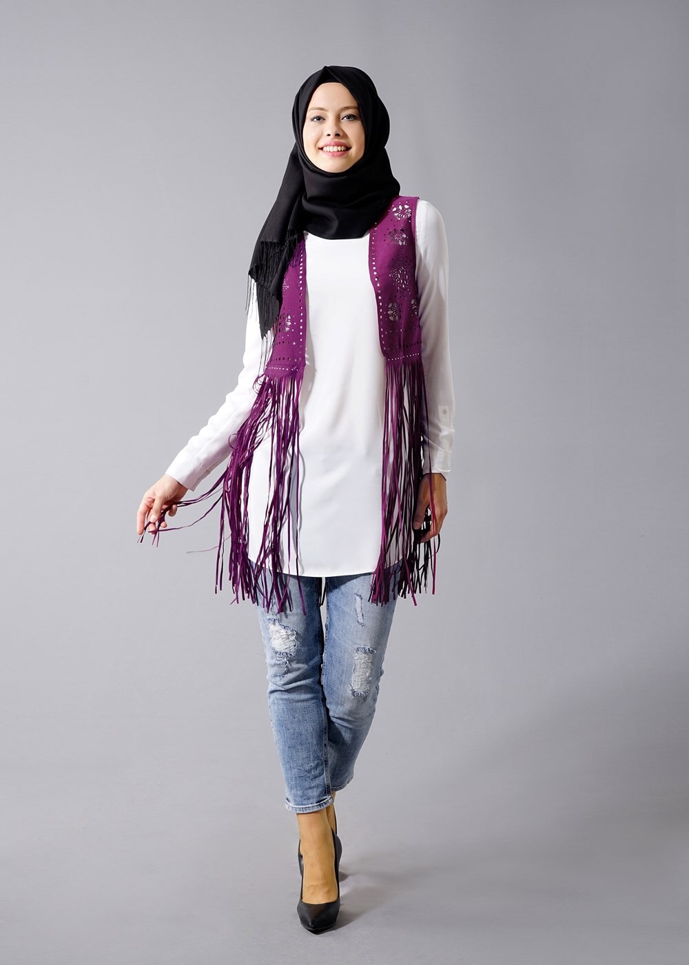 Tesettür giyim MOR T 9281 Hewes Line- Lazer Kesim  Püsküllü Yelek