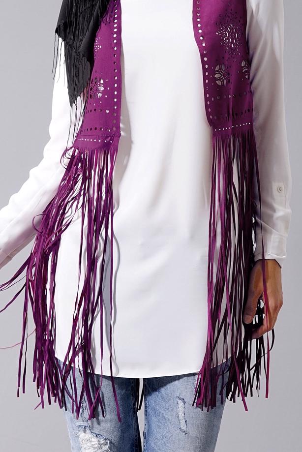 Tesettür giyim  T 9281 Hewes Line- Lazer Kesim  Püsküllü Yelek - TRENDTESETTÜR