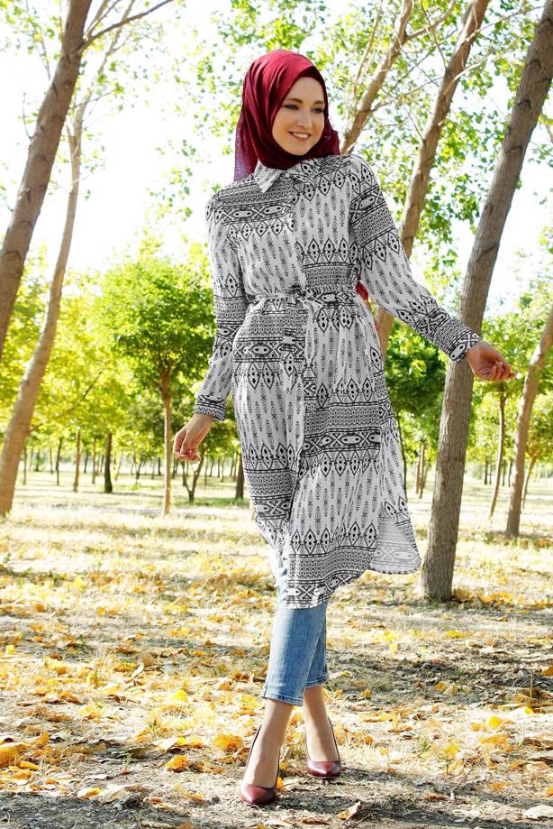 Tesettür giyim  T 285-1 Hewes Line Şerit Desen Düğmeli Tunik - TRENDTESETTÜR