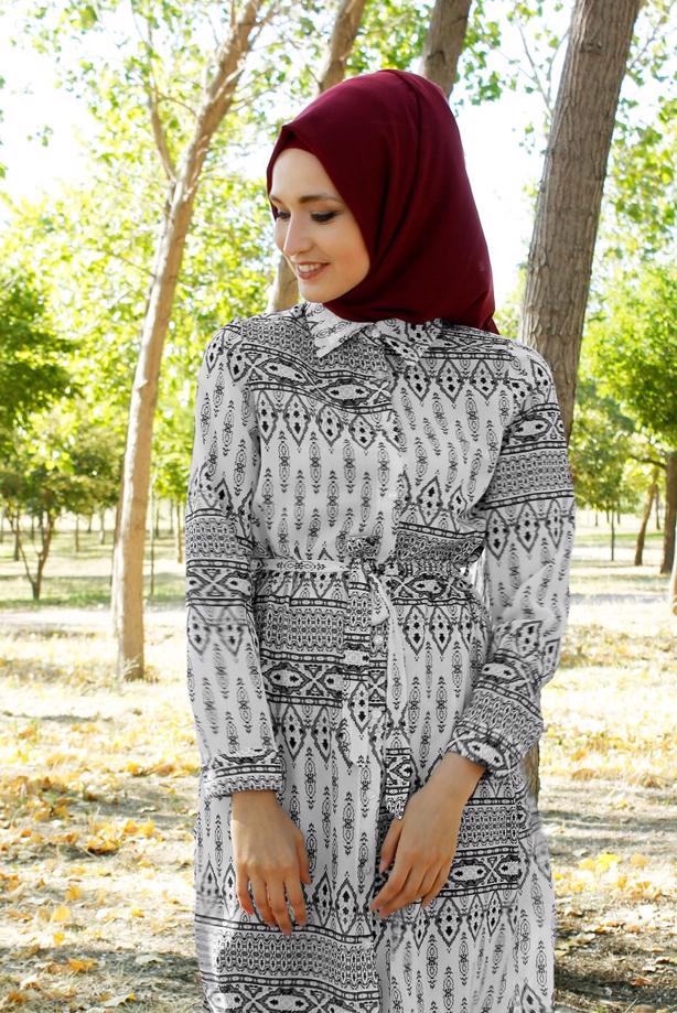Tesettür giyim  T 285-1 Hewes Line Şerit Desen Düğmeli Tunik - TRENDTESETTÜR
