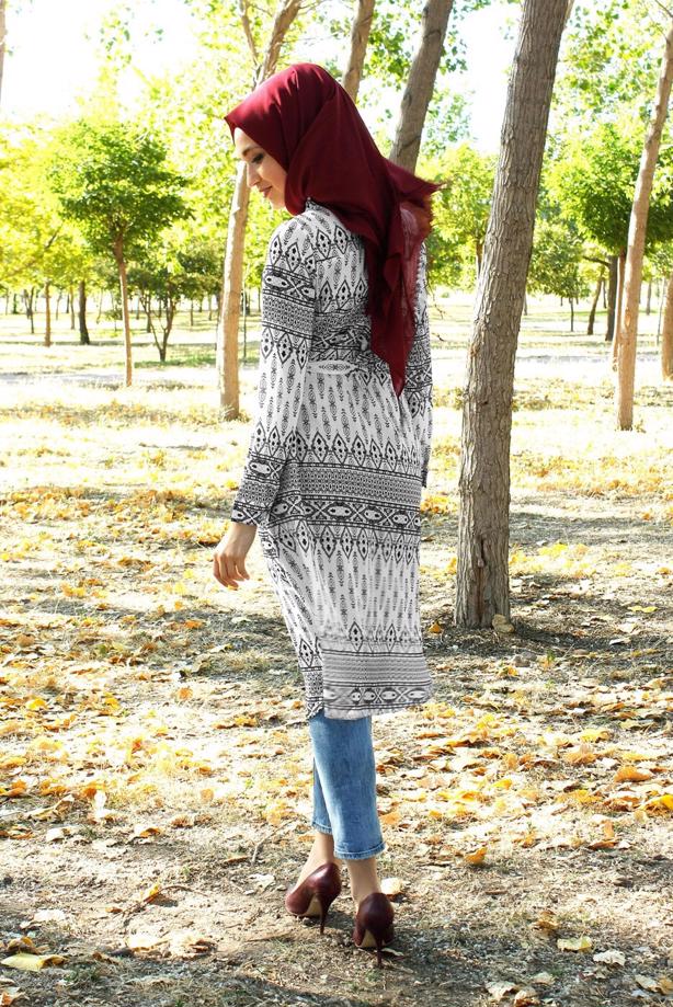 Tesettür giyim  T 285-1 Hewes Line Şerit Desen Düğmeli Tunik - TRENDTESETTÜR