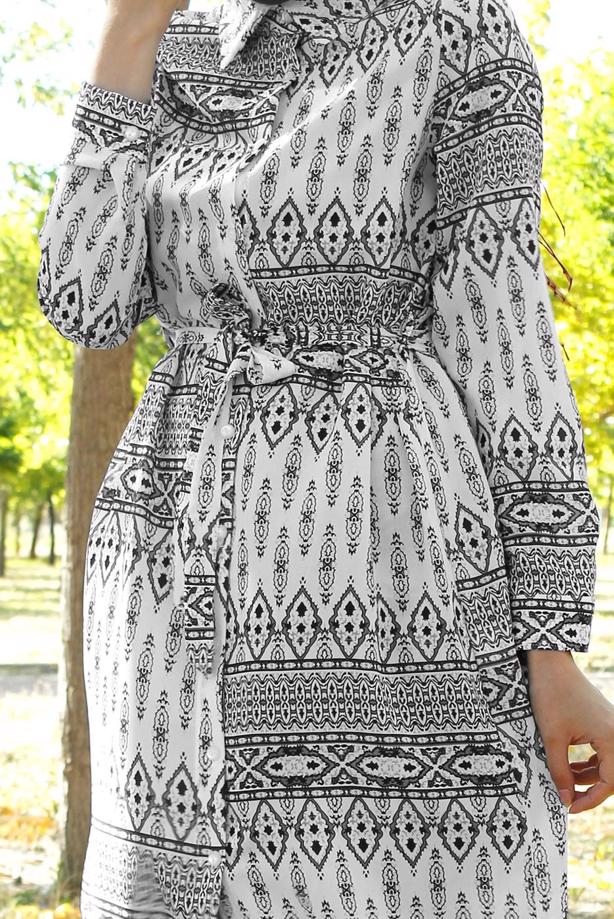 Tesettür giyim  T 285-1 Hewes Line Şerit Desen Düğmeli Tunik - TRENDTESETTÜR