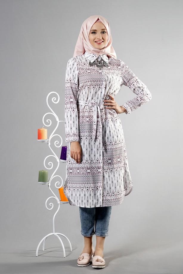 Tesettür giyim  T 285-1 Hewes Line Şerit Desen Düğmeli Tunik - TRENDTESETTÜR