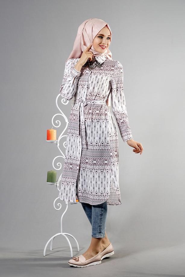 Tesettür giyim  T 285-1 Hewes Line Şerit Desen Düğmeli Tunik - TRENDTESETTÜR