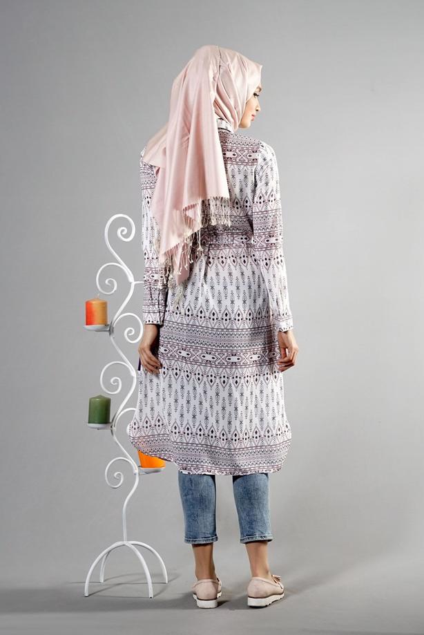 Tesettür giyim  T 285-1 Hewes Line Şerit Desen Düğmeli Tunik - TRENDTESETTÜR