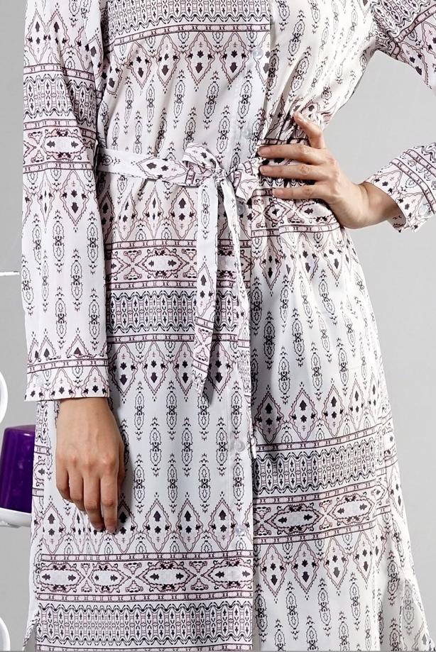 Tesettür giyim  T 285-1 Hewes Line Şerit Desen Düğmeli Tunik - TRENDTESETTÜR