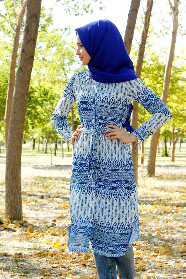 Tesettür giyim  T 285-1 Hewes Line Şerit Desen Düğmeli Tunik - TRENDTESETTÜR