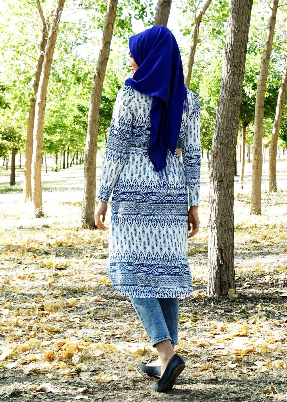 Tesettür giyim LACİVERT T 285-1 Hewes Line Şerit Desen Düğmeli Tunik