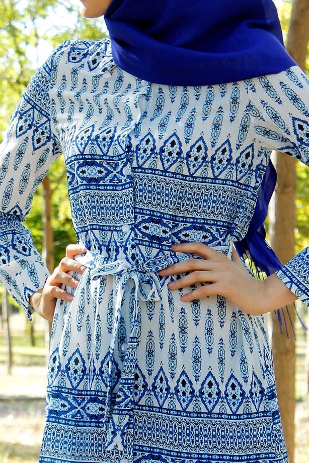 Tesettür giyim  T 285-1 Hewes Line Şerit Desen Düğmeli Tunik - TRENDTESETTÜR