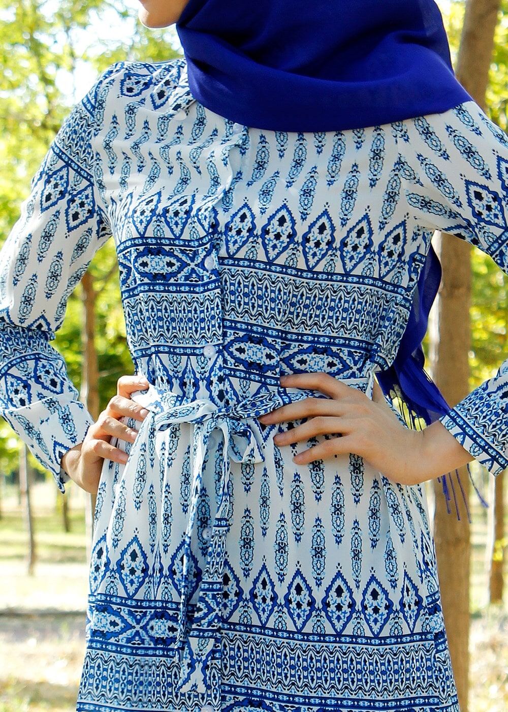 Tesettür giyim LACİVERT T 285-1 Hewes Line Şerit Desen Düğmeli Tunik