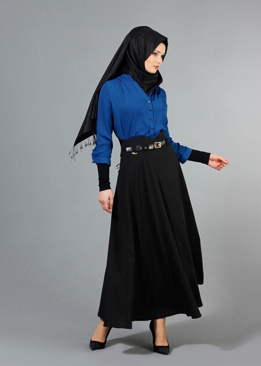 Hijab clothing BLACK T 1505 Hazalgül Kloş Kemerli Etek