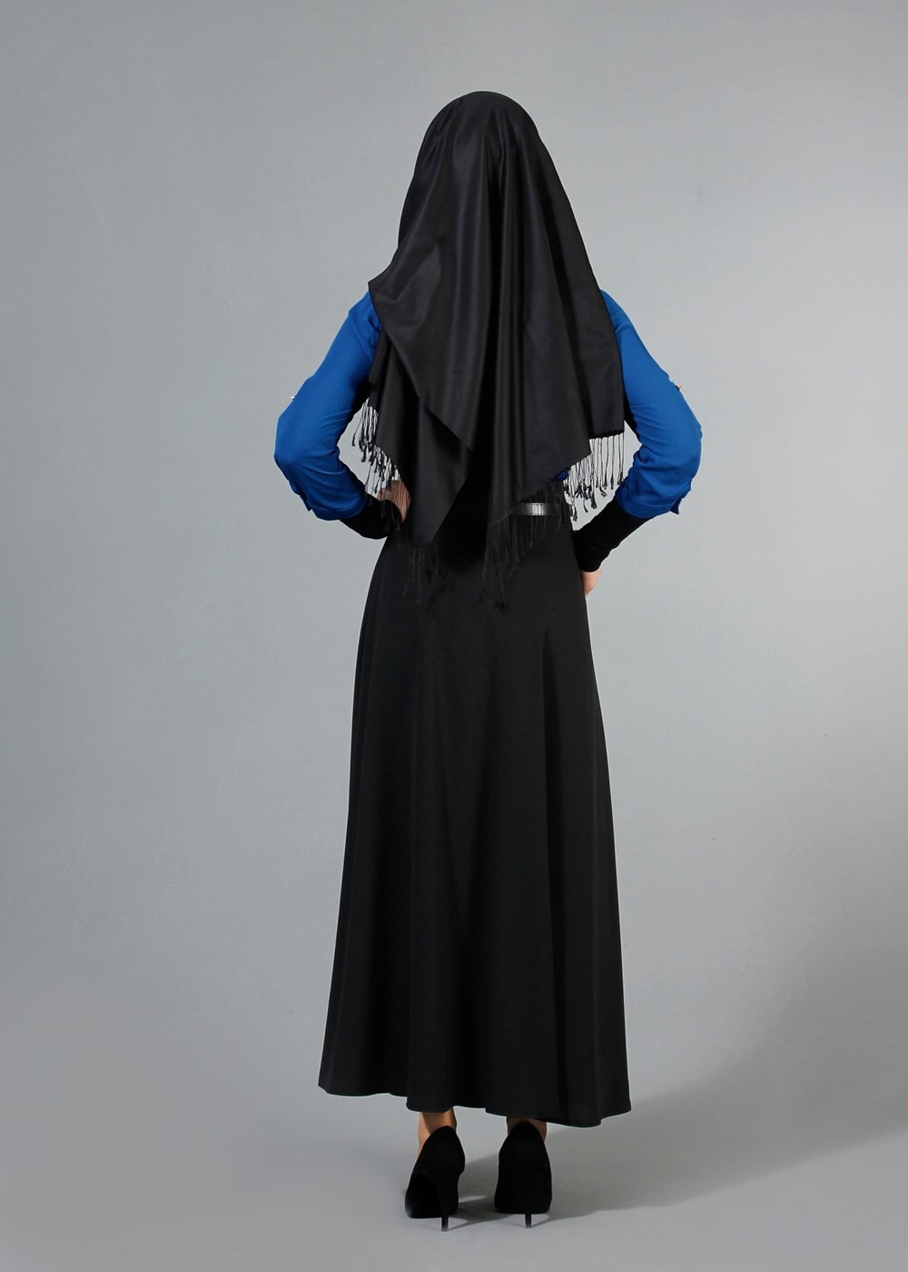 Hijab clothing BLACK T 1505 Hazalgül Kloş Kemerli Etek