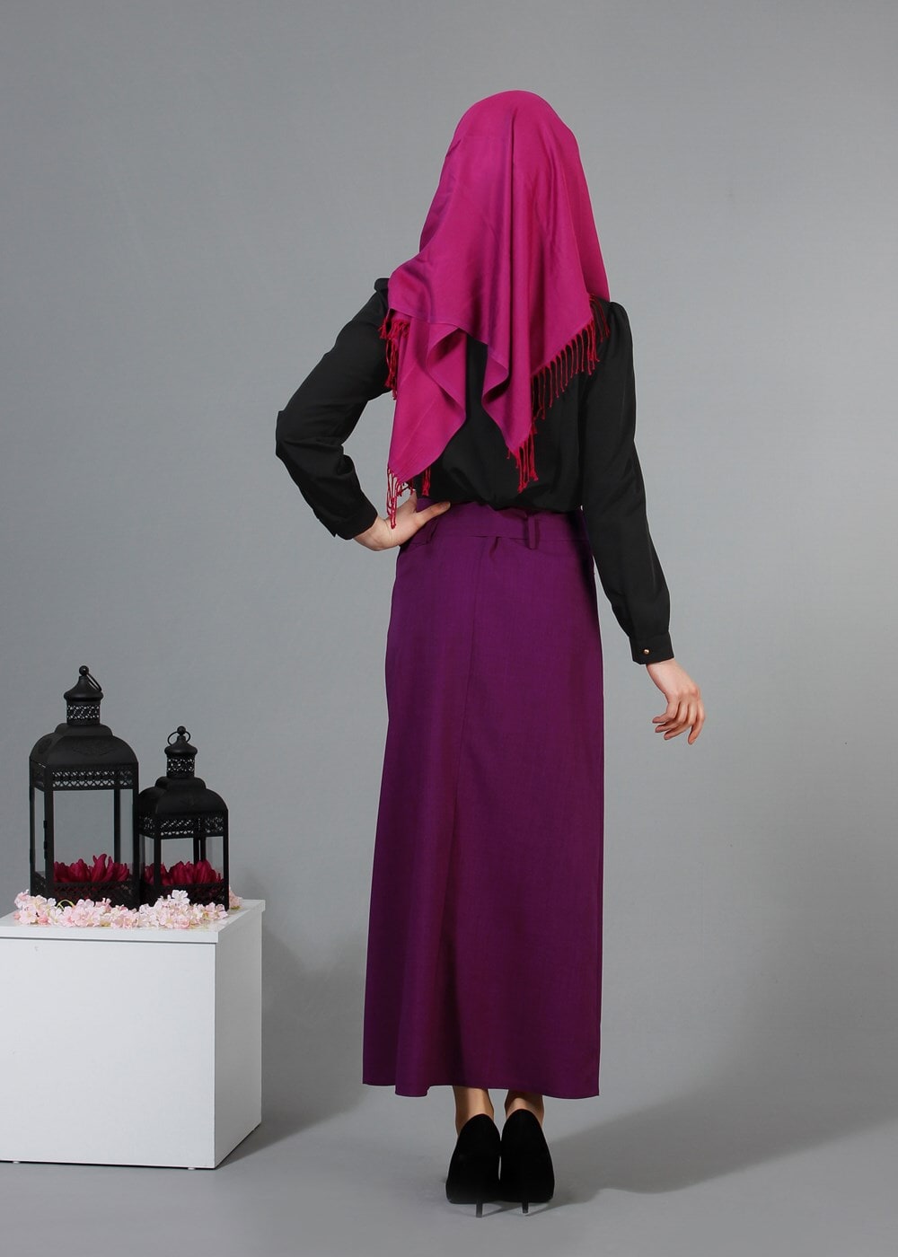 Hijab clothing PURPLE T 1978 Hazalgül Düğme Detaylı Kemerli Etek