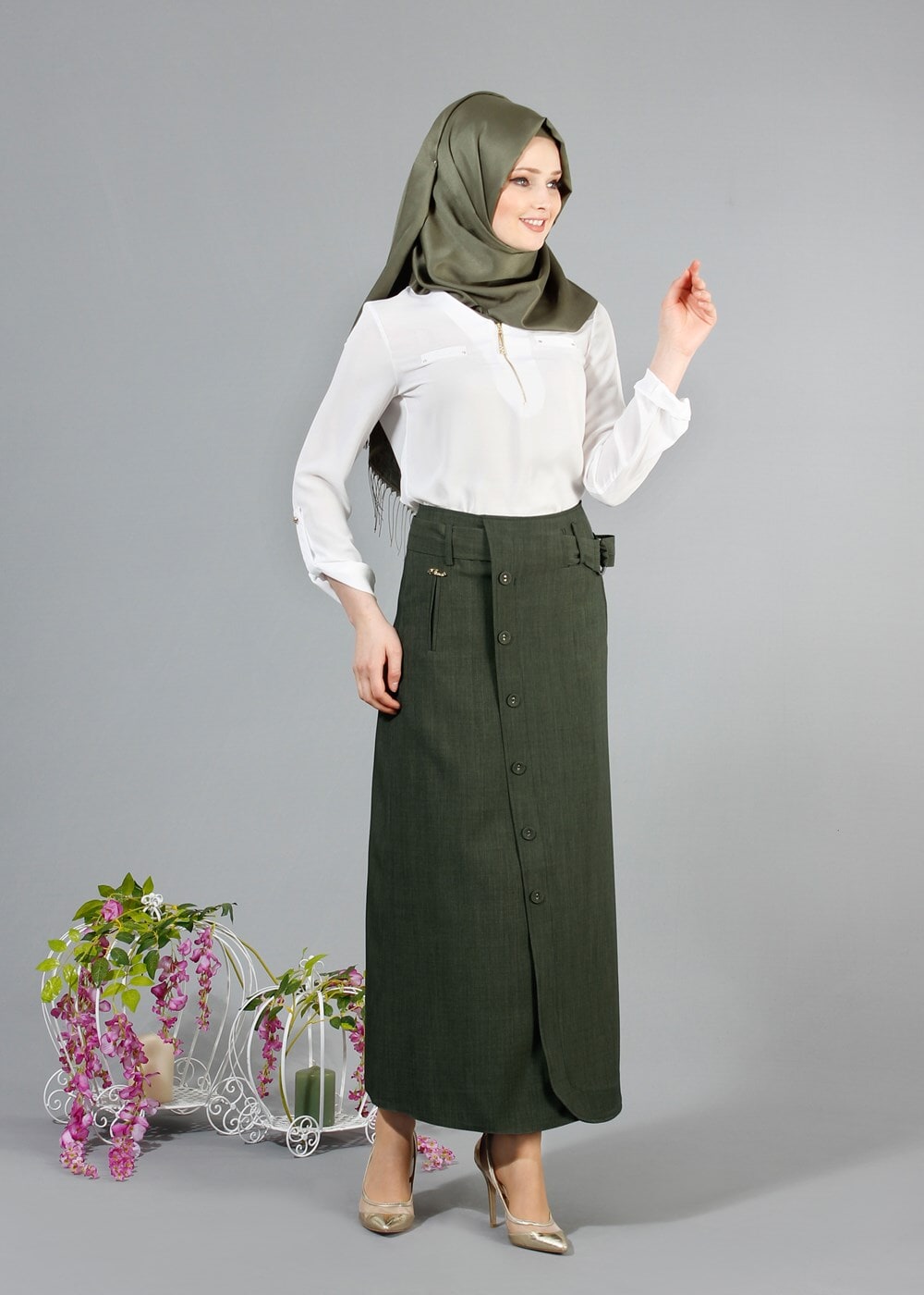 Hijab clothing KHAKI T 1978 Hazalgül Düğme Detaylı Kemerli Etek