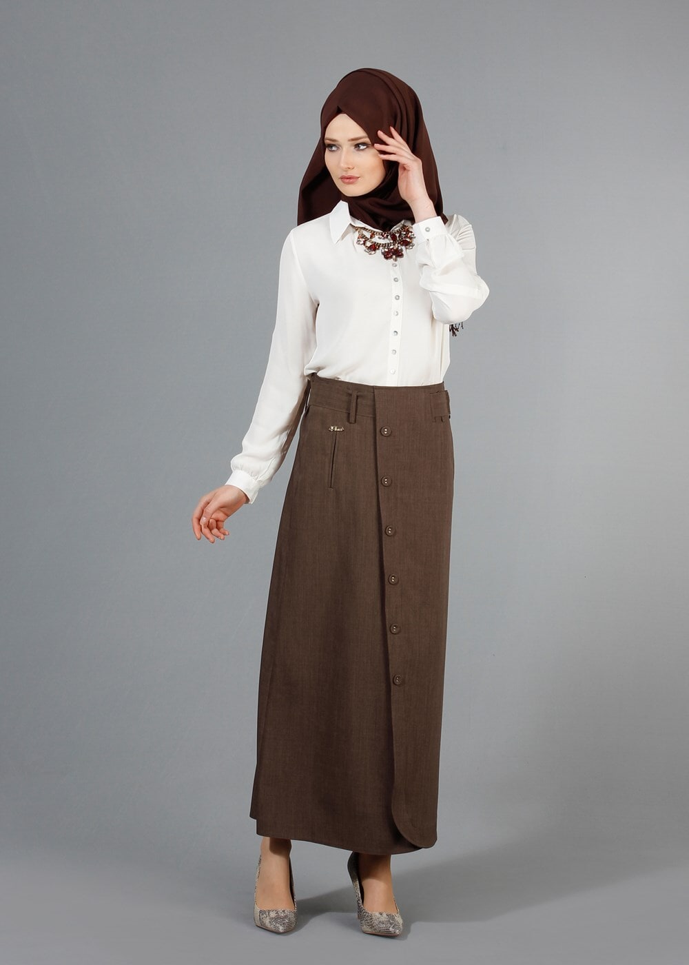 Vêtements hijab BRUN T 1978 Hazalgül Düğme Detaylı Kemerli Etek