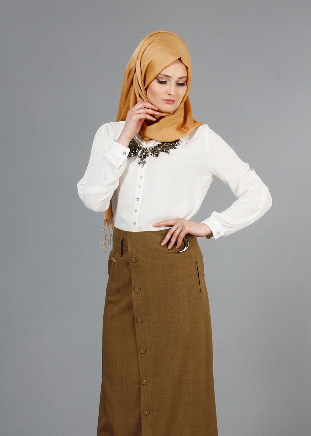 Hijab clothing YELLOW T 1978 Hazalgül Düğme Detaylı Kemerli Etek
