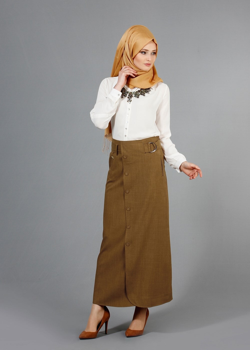 Hijab clothing YELLOW T 1978 Hazalgül Düğme Detaylı Kemerli Etek