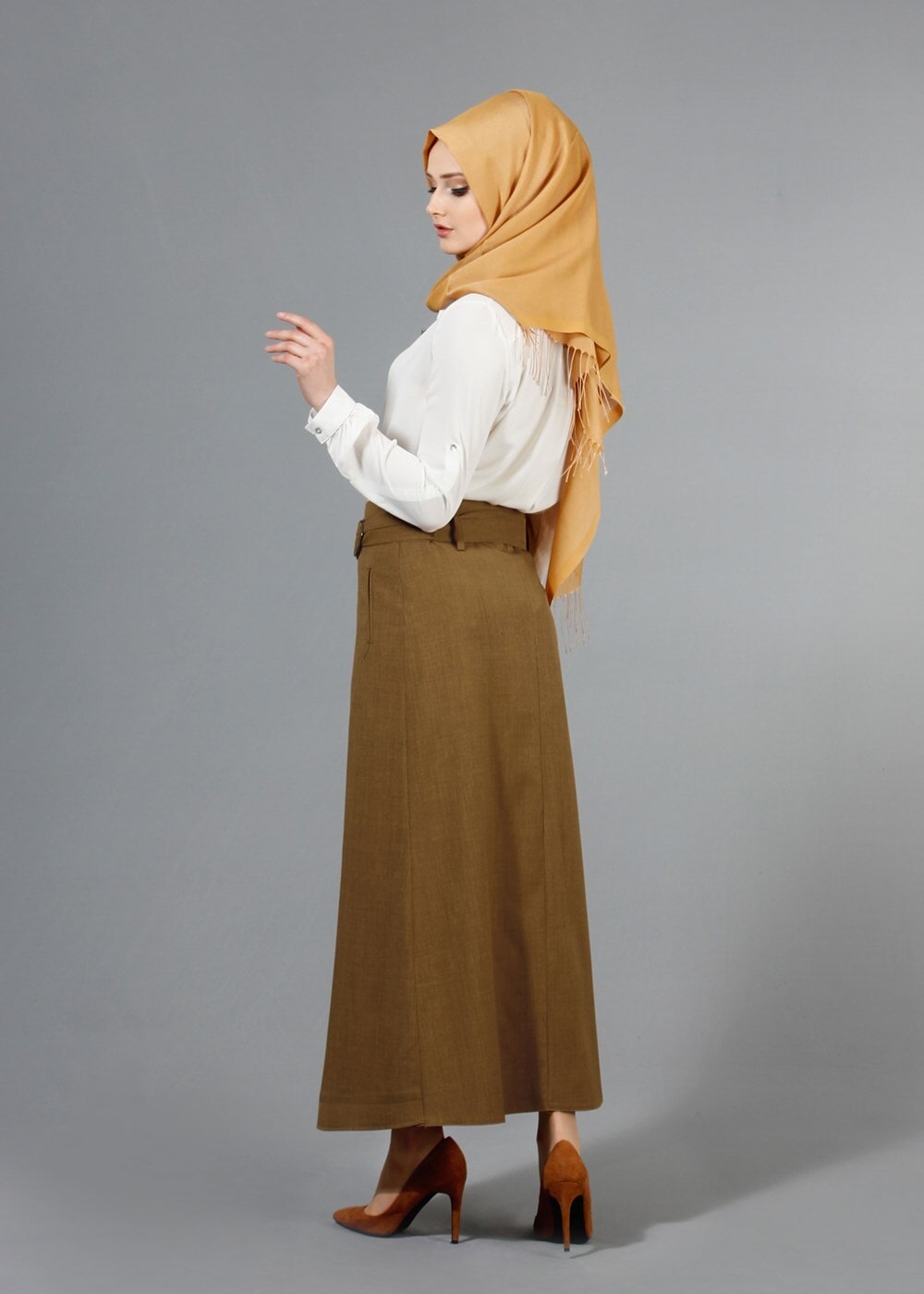 Hijab clothing YELLOW T 1978 Hazalgül Düğme Detaylı Kemerli Etek