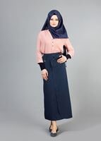 Vêtements hijab BLEU MARINE T 1978 Hazalgül Düğme Detaylı Kemerli Etek