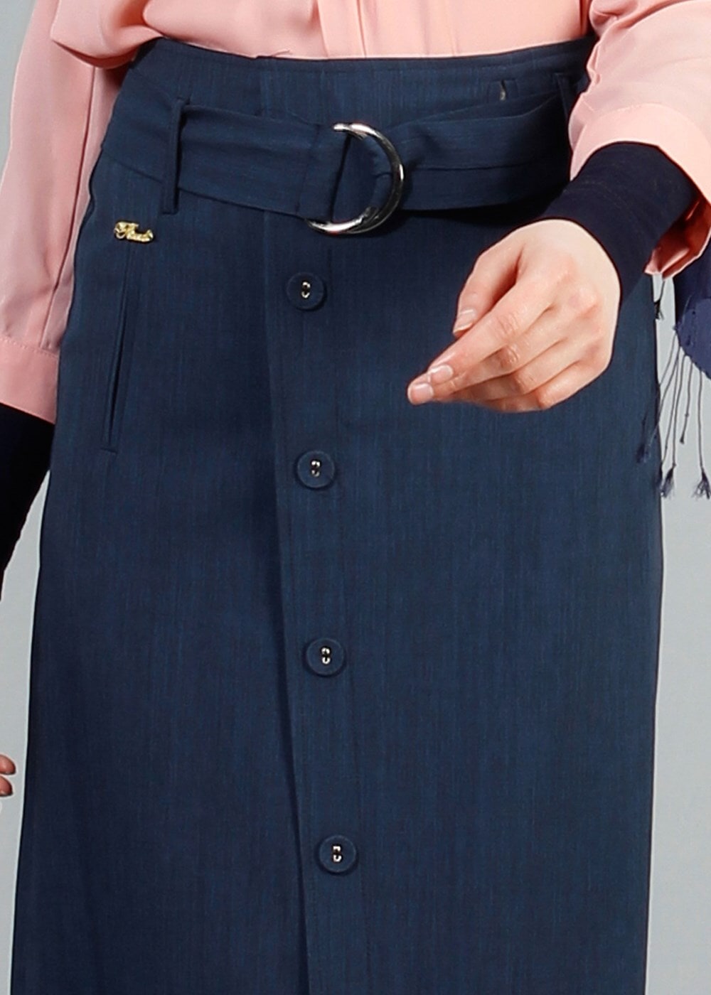 Vêtements hijab BLEU MARINE T 1978 Hazalgül Düğme Detaylı Kemerli Etek