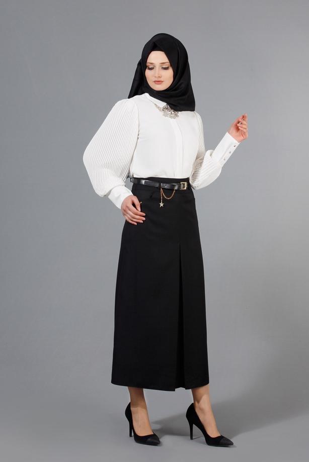 Vêtements hijab  T 3523 Hazalgül Kendinden Desenli  Kemerli Etek - TRENDTESETTÜR