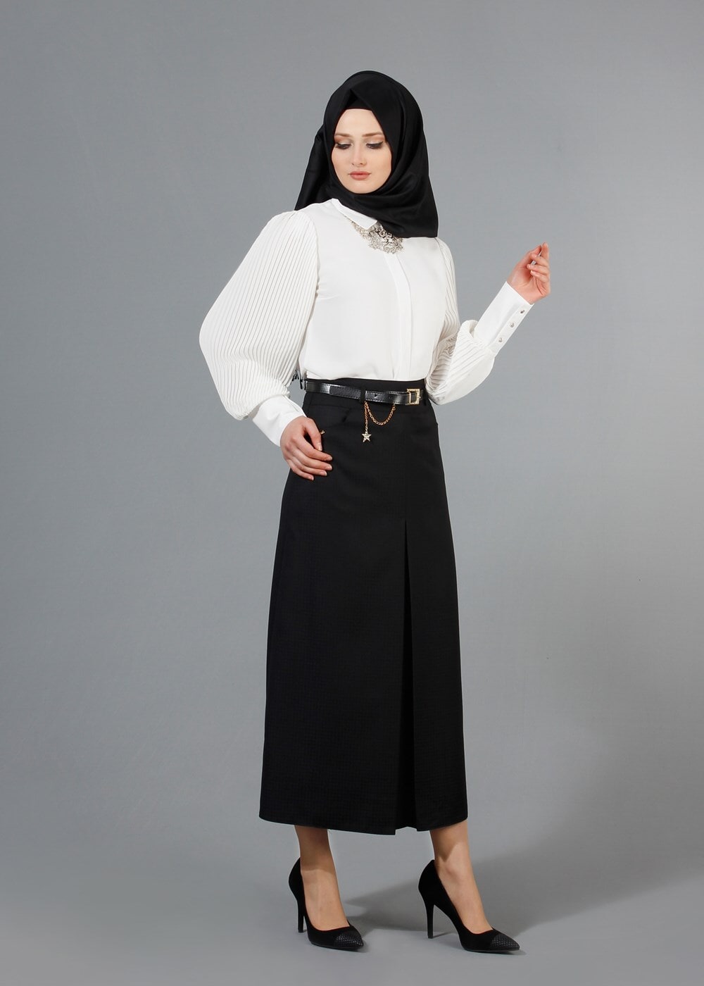 Hijab clothing BLACK T 3523 Hazalgül Kendinden Desenli  Kemerli Etek
