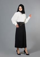 Hijab clothing BLACK T 3523 Hazalgül Kendinden Desenli  Kemerli Etek