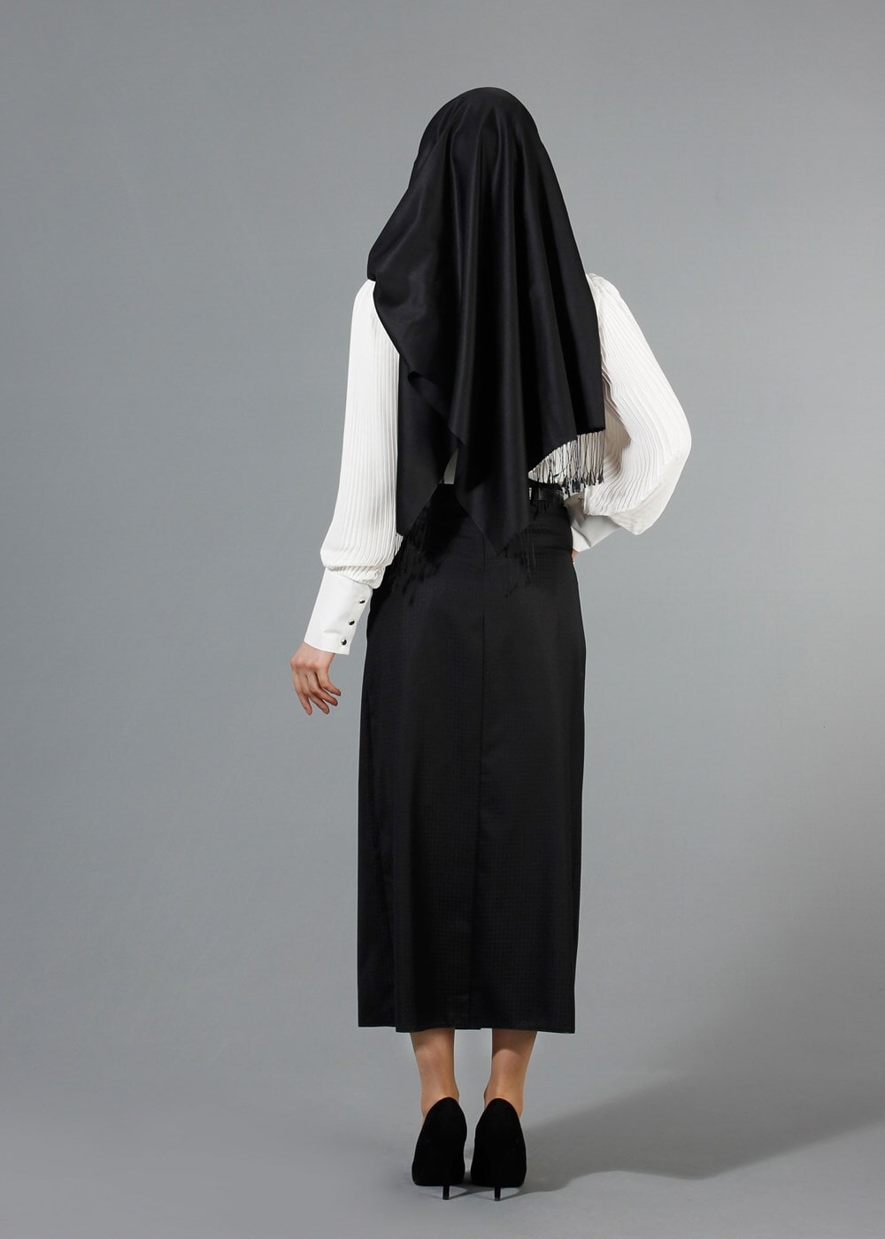 Hijab clothing BLACK T 3523 Hazalgül Kendinden Desenli  Kemerli Etek