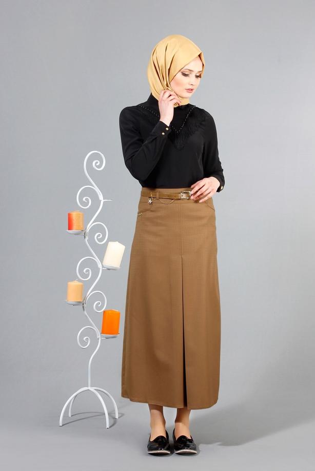 Vêtements hijab  T 3523 Hazalgül Kendinden Desenli  Kemerli Etek - TRENDTESETTÜR