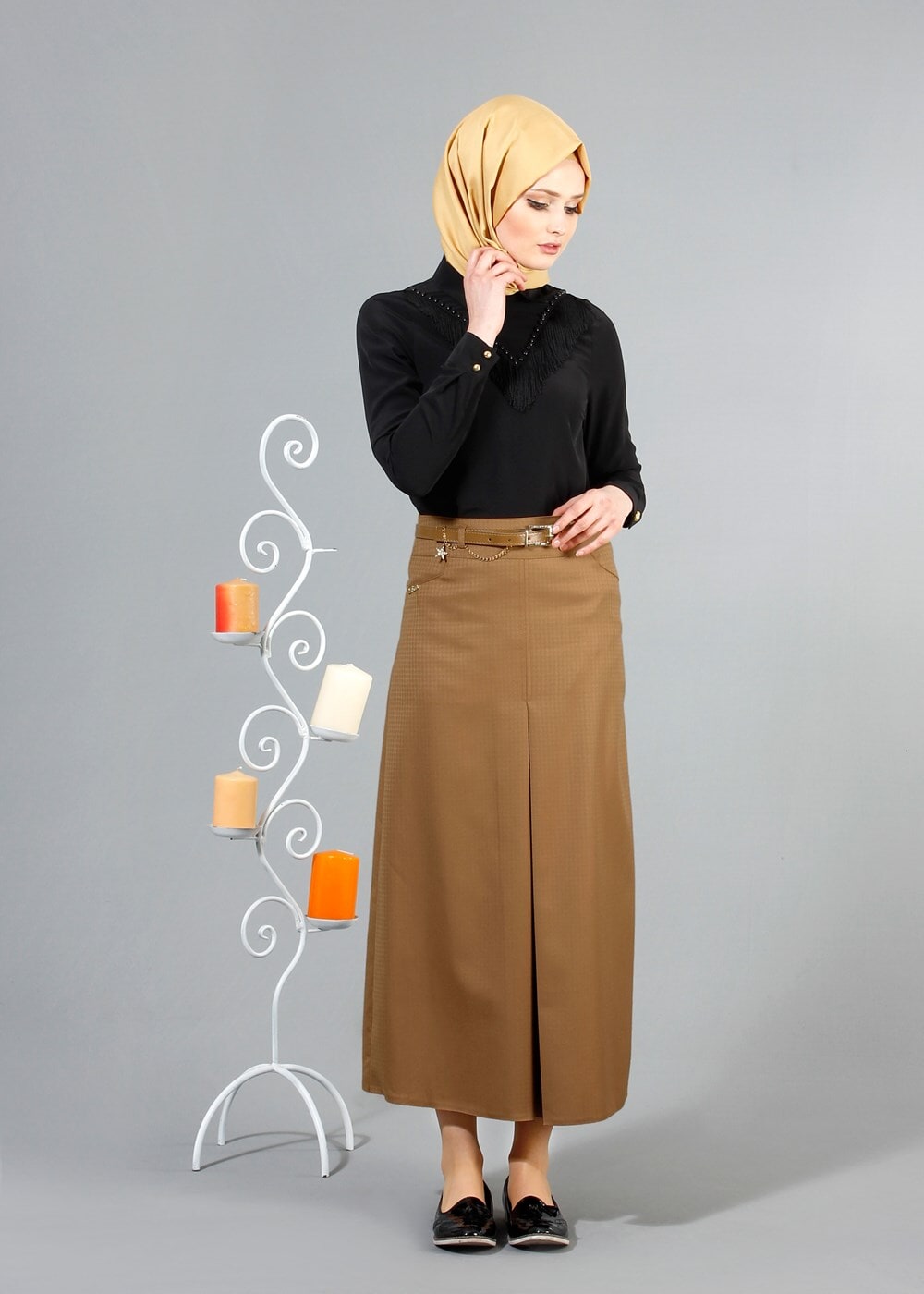 Hijab clothing ORANGE T 3523 Hazalgül Kendinden Desenli  Kemerli Etek