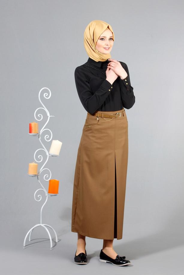 Vêtements hijab  T 3523 Hazalgül Kendinden Desenli  Kemerli Etek - TRENDTESETTÜR