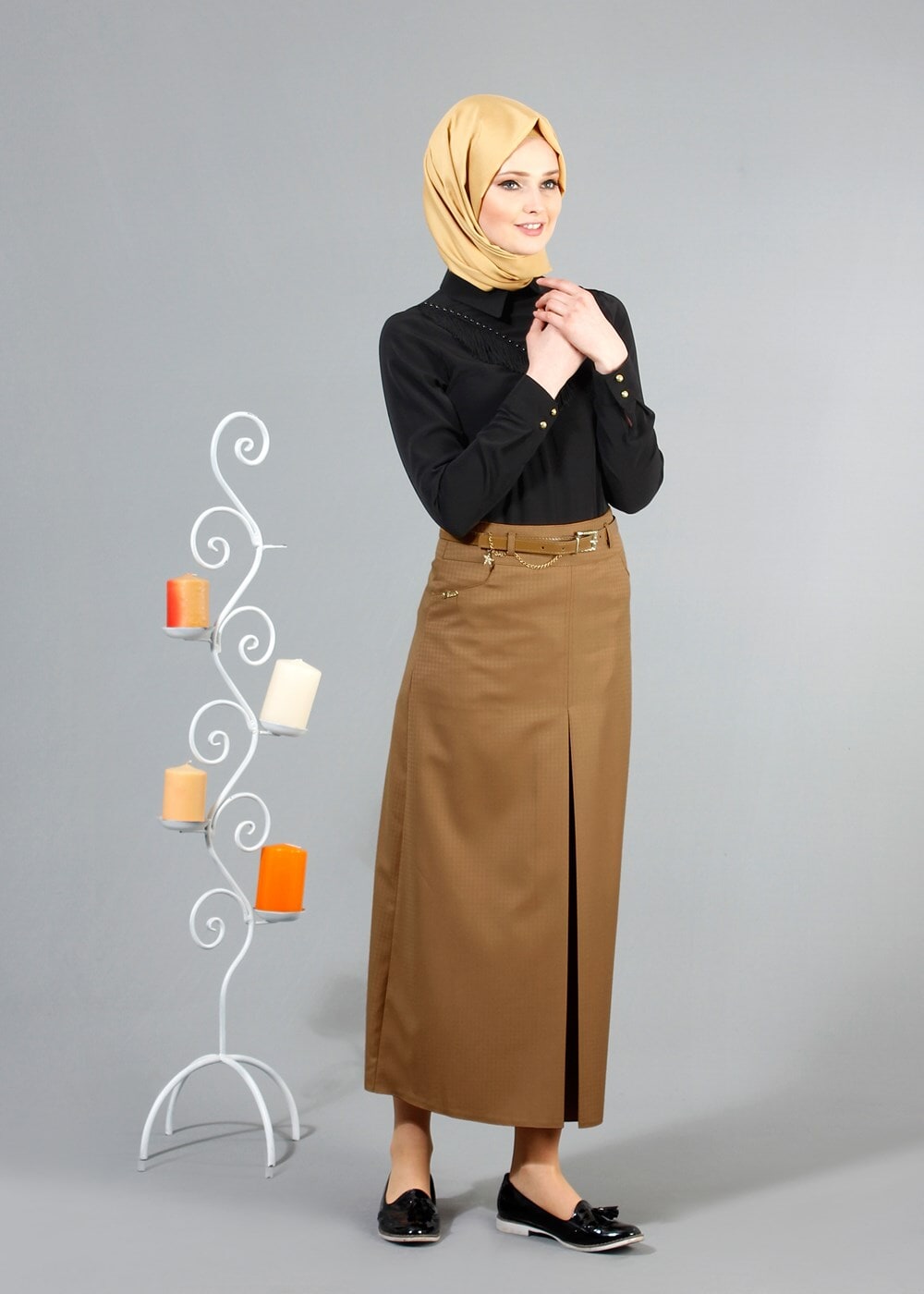 Hijab clothing ORANGE T 3523 Hazalgül Kendinden Desenli  Kemerli Etek